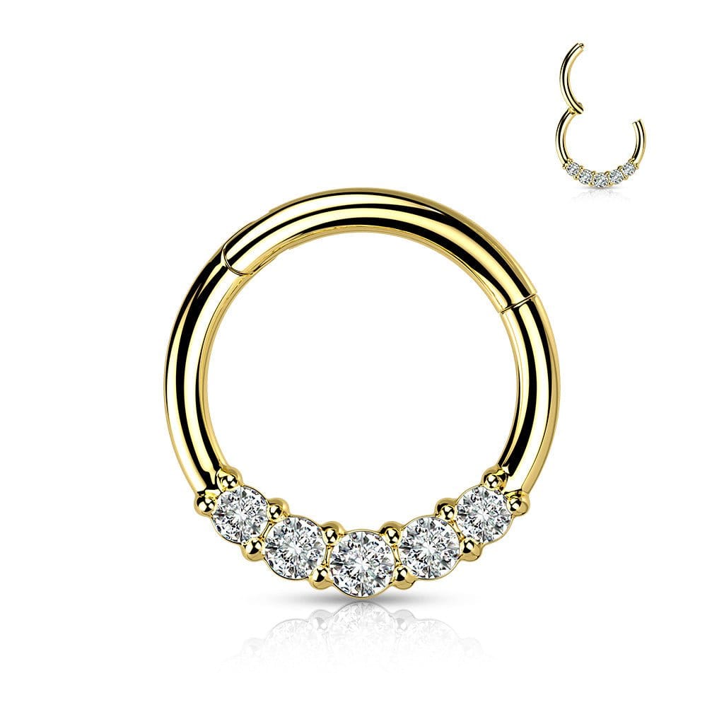 Gold Brianna Septum Ring with Crystals, 316L Stainless Steel, 16g Thickness, Waterproof, Tarnish-Free, Hinged Segment, Lead and Nickel Free