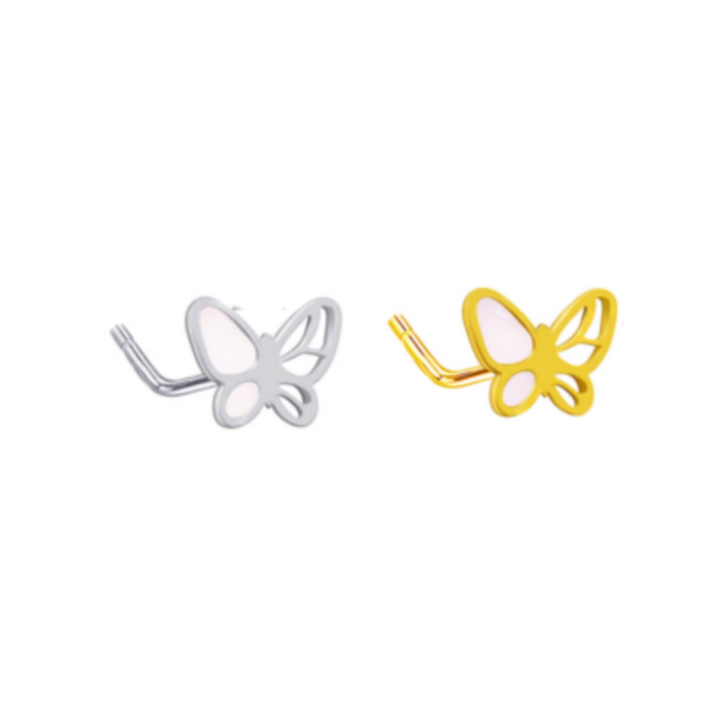 Butterfly L Bend Nose Stud in 316L Stainless Steel, Tarnish-Free, Waterproof, 20g Thickness, 7mm Length, Available in Silver and Gold.