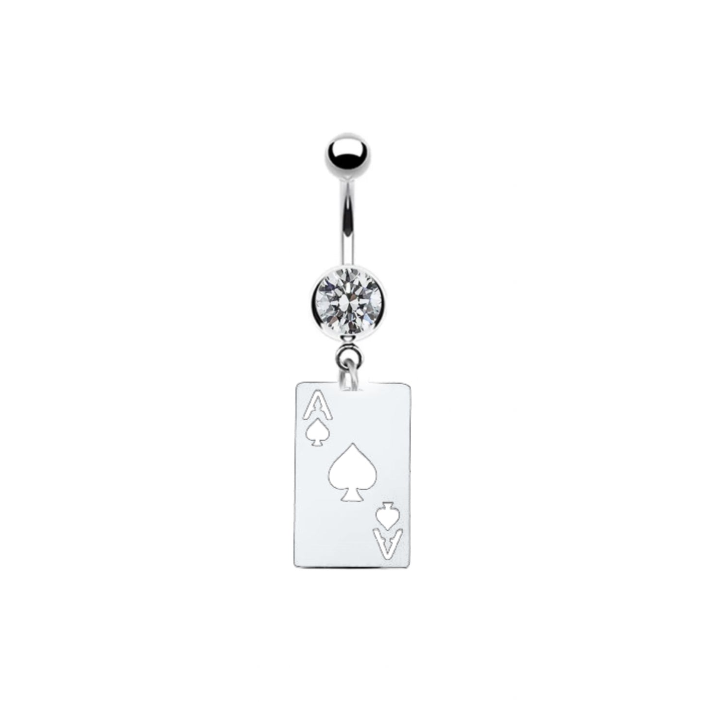 An elegant belly button piercing with a stainless steel bar featuring a sparkling gemstone and an Ace of Spades charm, designed for durability and resistance to tarnish.