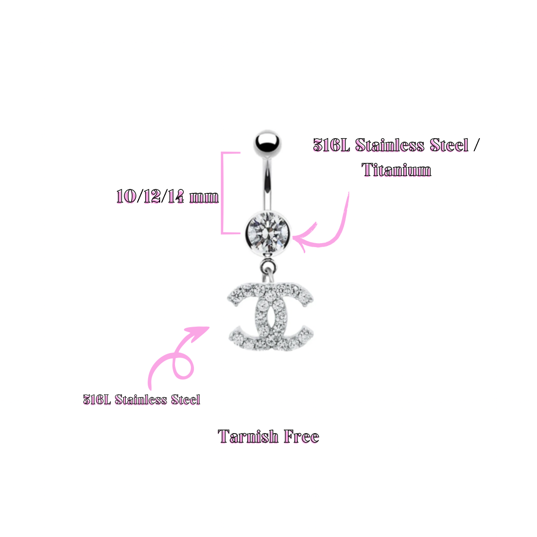 Chanel Belly Button Piercing made of 316L Stainless Steel and ASTM F-136 Titanium, featuring a crystal-studded charm, available in lengths of 10mm, 12mm, and 14mm, tarnish-free and waterproof.