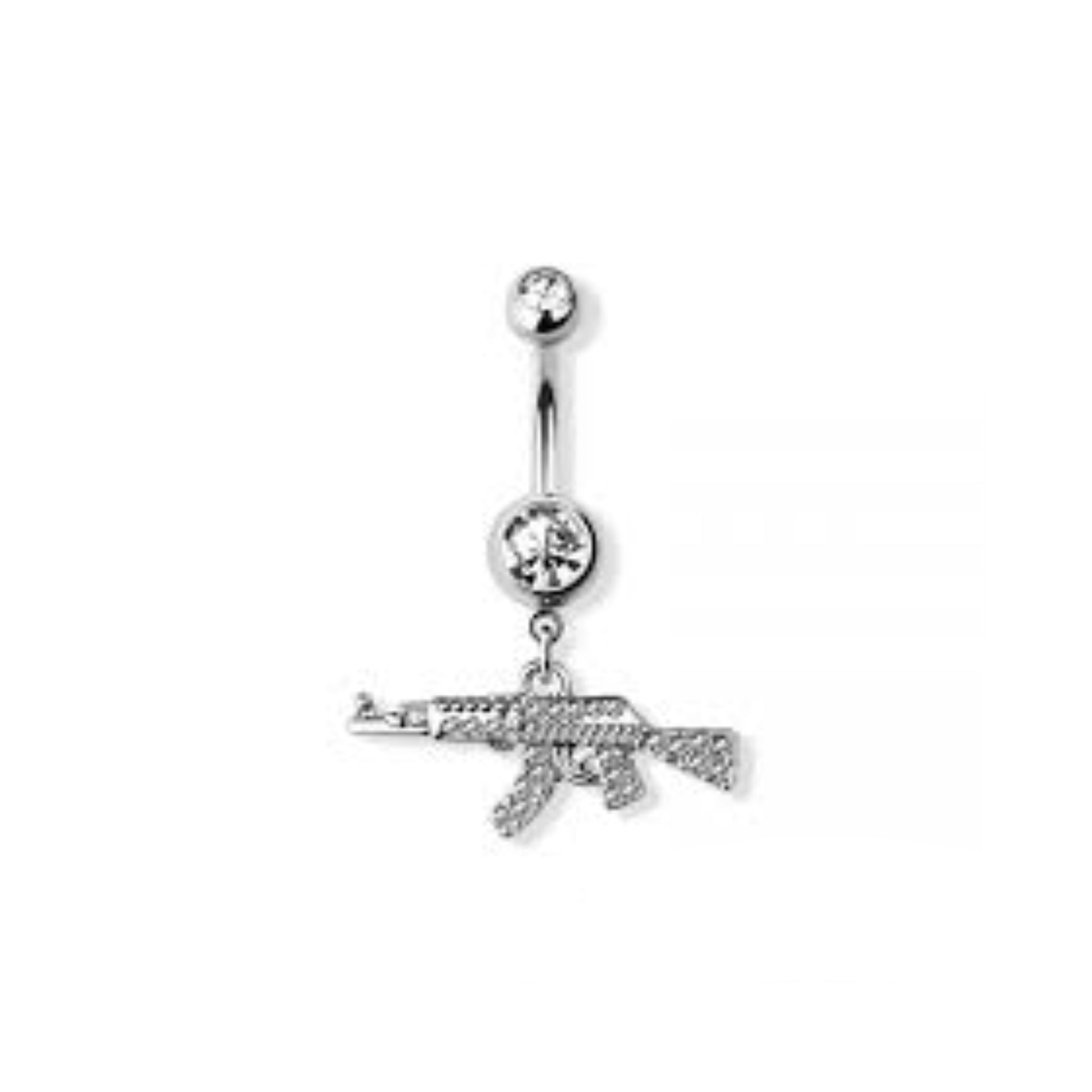 "Ak47 Belly Button Piercing made from 316L Stainless Steel and ASTM F-136 Titanium materials, featuring an externally threaded bar with a stainless steel gun charm, lead and nickel free"