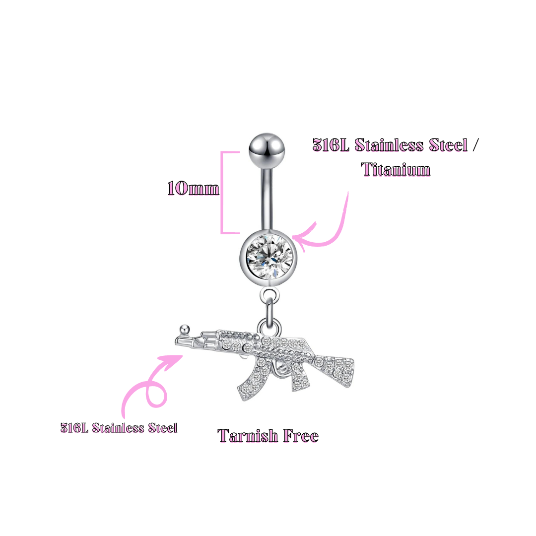 AK47 Belly Button Piercing featuring a 316L Stainless Steel or ASTM F-136 Titanium bar, stainless steel AK47 charm, 10mm length and externally threaded, waterproof and tarnish-free.