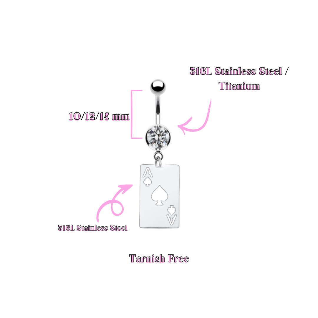 Ace belly button piercing with 316L stainless steel barbell and ace spade charm, waterproof, lead and nickel free, available in 10mm, 12mm, and 14mm lengths.