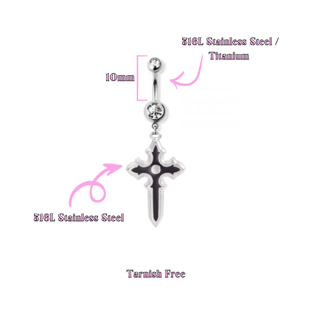 Black Cross Belly Button Ring with 316L Stainless Steel or ASTM F-136 Titanium Bar, Stainless Steel Charm, Waterproof and Tarnish-Free, 14g Thickness, 10mm Length, External Threading.