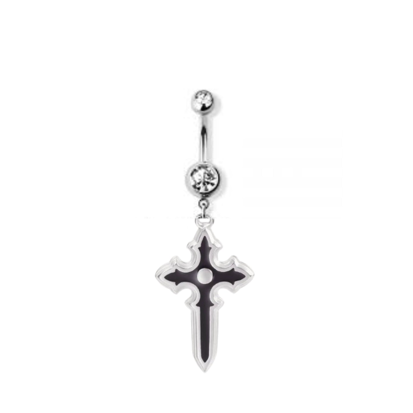 Black Cross Belly Button Ring featuring high-grade 316L Stainless Steel bar and stainless steel charm, waterproof and tarnish-free, available in 14g thickness and 10mm/12mm/14mm length, externally and internally threaded, lead and nickel-free.