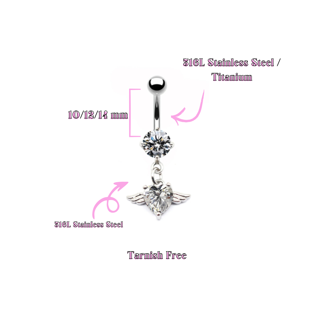 Angel Belly Button Piercing - 316L Stainless Steel/Titanium Bar, Externally/Internally Threaded, Charm Material Stainless Steel, Waterproof, Tarnish-Free, Thickness: 14g, Length: 10mm/12mm/14mm, Lead and Nickel Free.